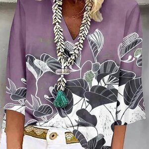 Purple Flower Print 3/4 Sleeves V-Neck Top XL